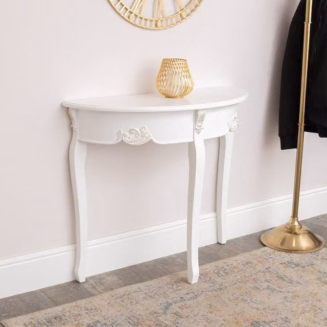 Melody Maison Antique White Half Moon Console Table in Pine and MDF