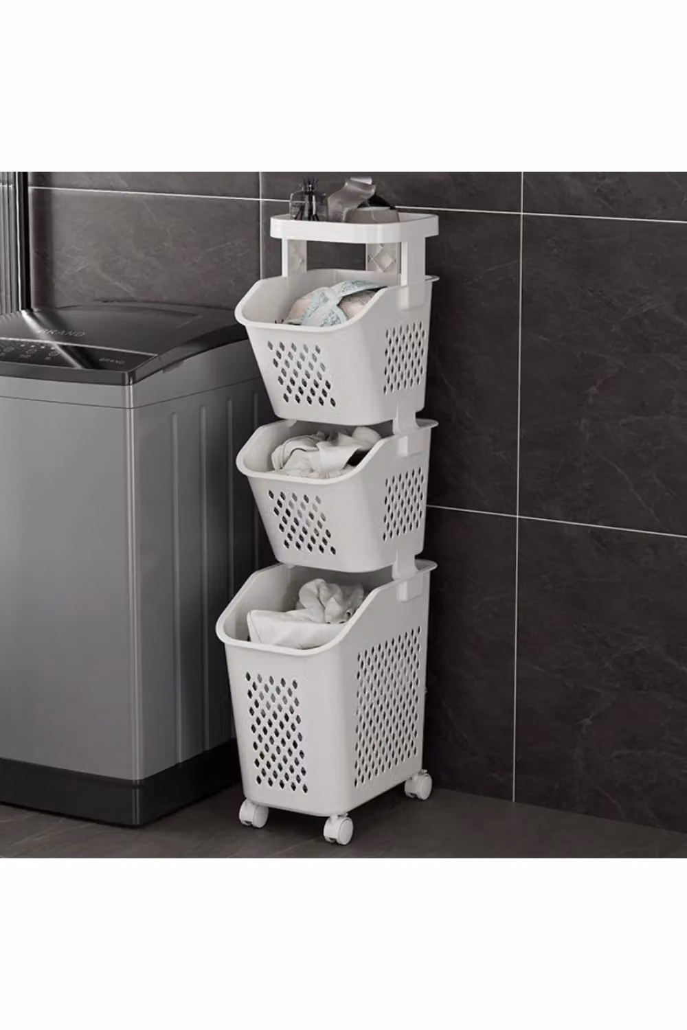 H&O Direct 3-Tier Plastic Laundry Basket Storage Rack with Casters, White – 2