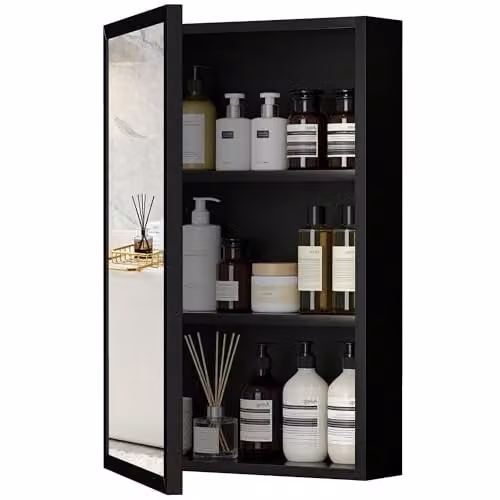 Kleankin Wall Mounted Black Bathroom Cabinet with Mirror and Internal Shelves, W/D/H: 40 x 12 x 60 cm – 1