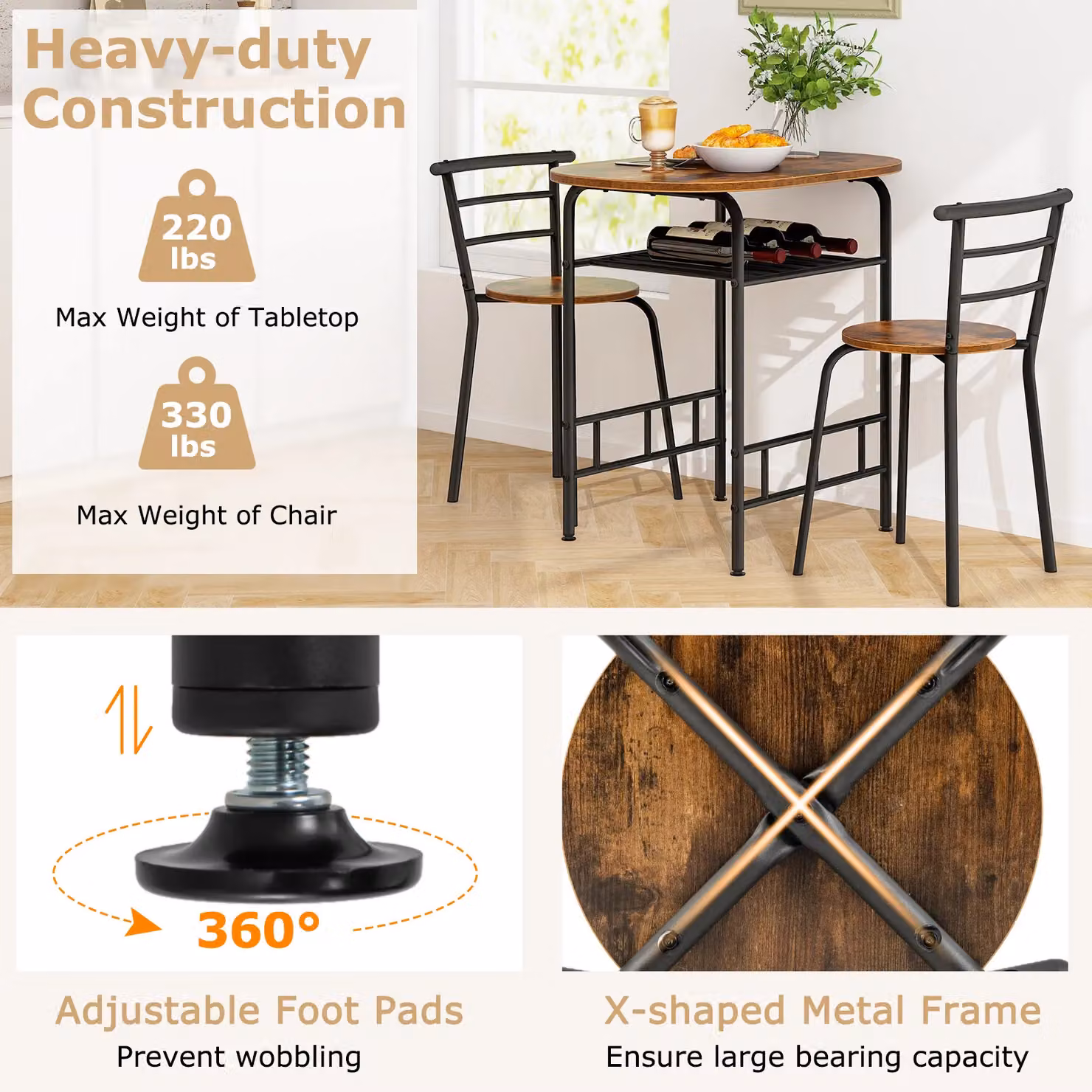 Gymax 3 Piece Brown Wood Grain Dining Table and Chairs Set with Oval MDF Laminate Table and Metal Legs – 3