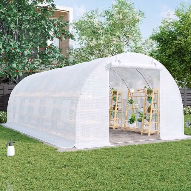 Breeins Large White Steel Frame Walk-in Greenhouse with Curved Windows, 18m²