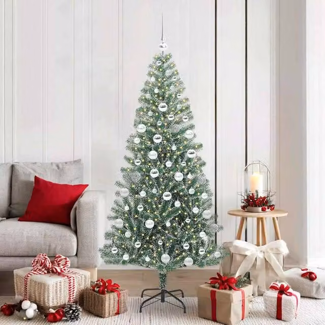 Berkfield Home Snow Flocked Artificial Christmas Tree with LED Lights, Green, Height: 180 cm