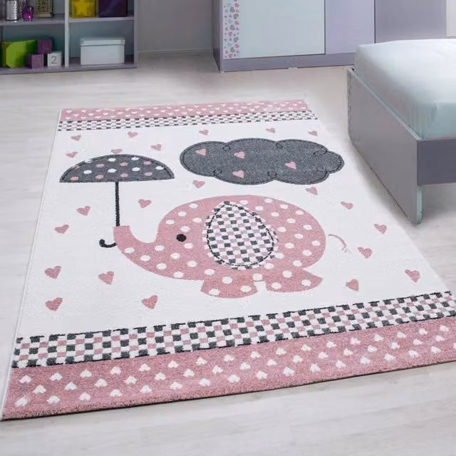 Bravich LTD Baby Elephant and Hearts Kids Rug in Pink, W: 120 cm, L: 170 cm – 1