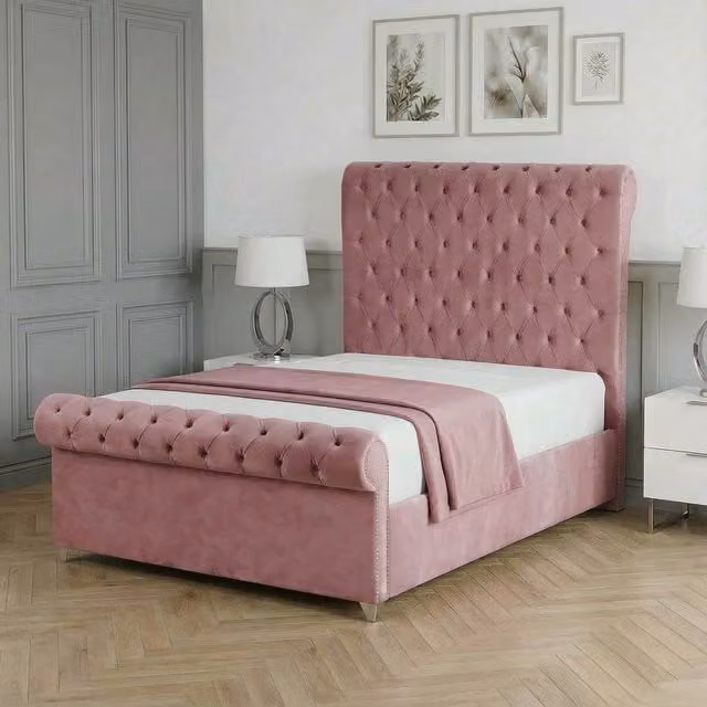 Living Comfort Bedz Regency Sleigh Slatted Base Upholstered Velvet Bed in Pink, Super King, W/D/H: 200 x 200 cm