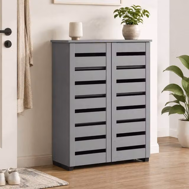 STILVORA Modern Grey Shoe Cabinet with Hinged Doors and Internal Shelves