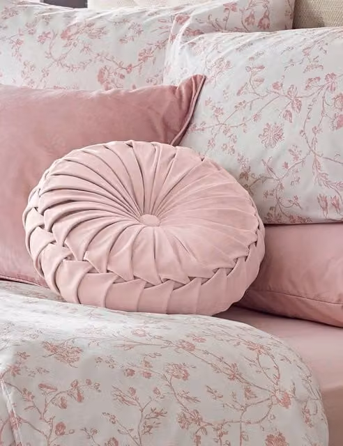 Laura Ashley Rosanna Round Pleated Velvet Cushion in Light Pink