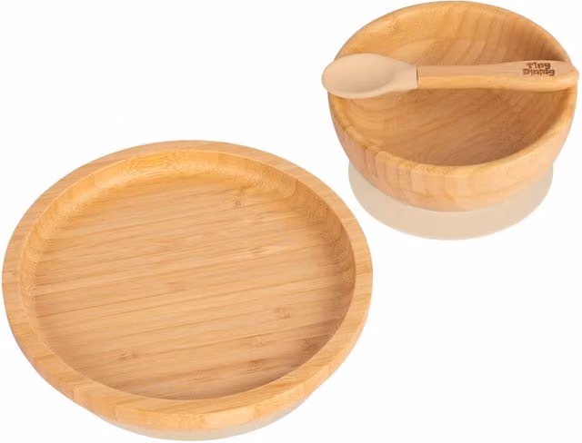 Tiny Dining 3-Piece Round Bamboo and Silicone Baby Weaning Set in Beige