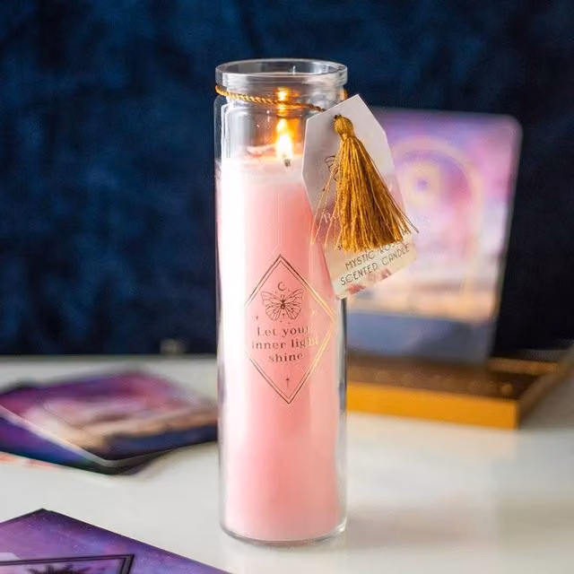 Uniqueful Mystic Rose Pink and Gold Floral Pillar Candle with Rose Quartz Crystals