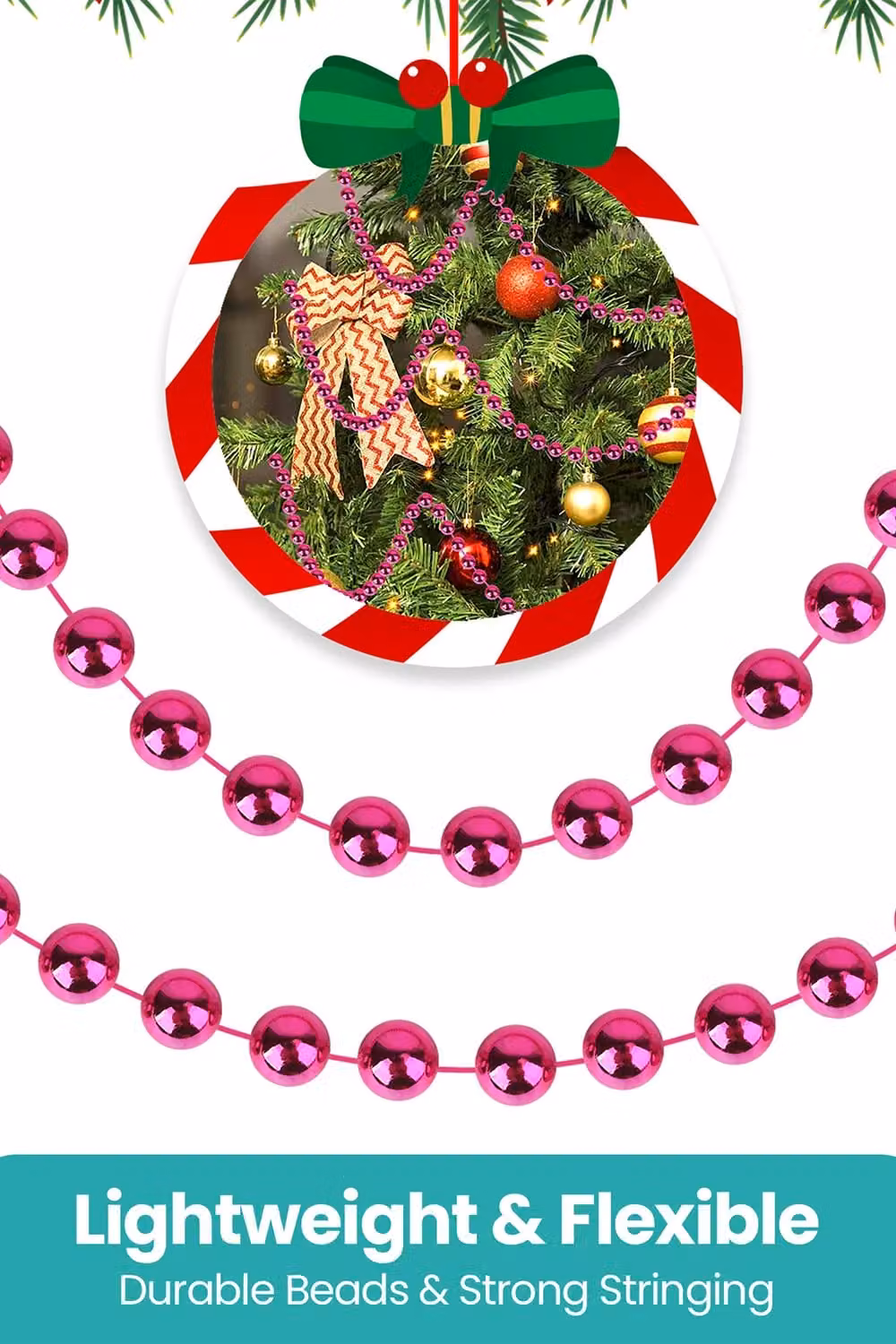 Neel Blue 9m Metallic Christmas Bead Chain with 7.5mm Shiny Pearl Garland in Dark Pink – 3