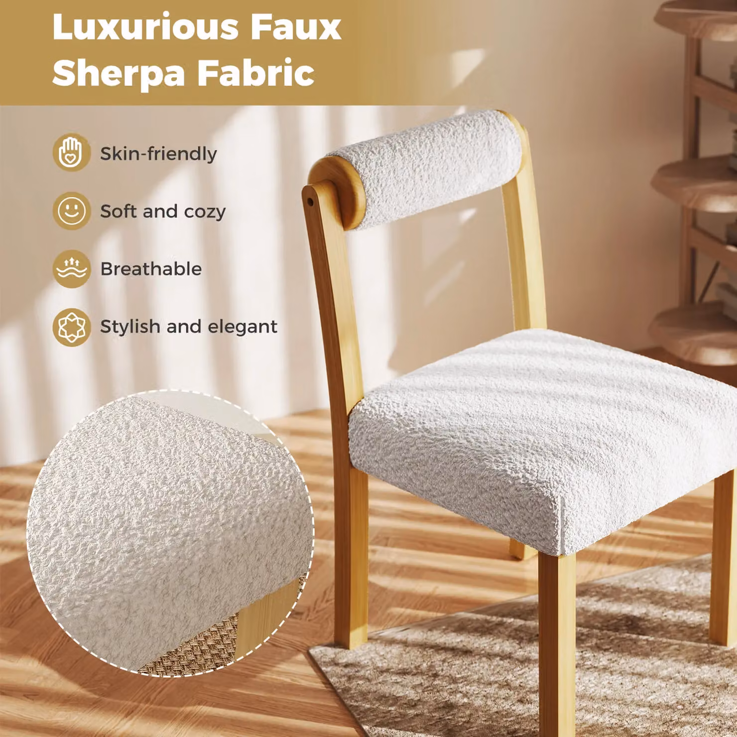 Costway Set of 2 White Wooden Dining Chairs with Faux Sherpa Bouclé Upholstery – 2