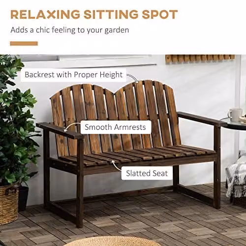 Outsunny Two Seater Wooden Garden Bench with Backrest in Brown Carbonised Finish – 3