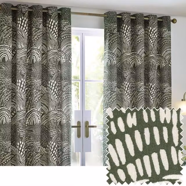 HOEM Nola Abstract Geometric Eyelet Curtains in Green, Width: 117 cm, Height: 182.88 cm – 2