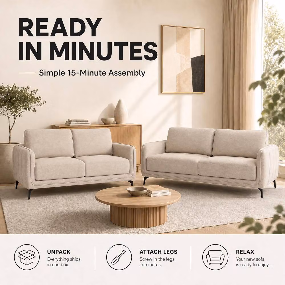 Bravich LTD Brixton Scandinavian Fabric Sofa in Cream, 2 Pack – 4