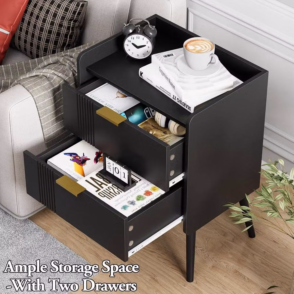 Huhote Black Bedside Table Cabinet with 2 Drawers and Wooden Legs – 4