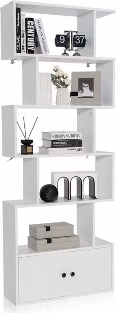 Costway 6-Tier Modern Geometric Bookshelf with Cabinet in White