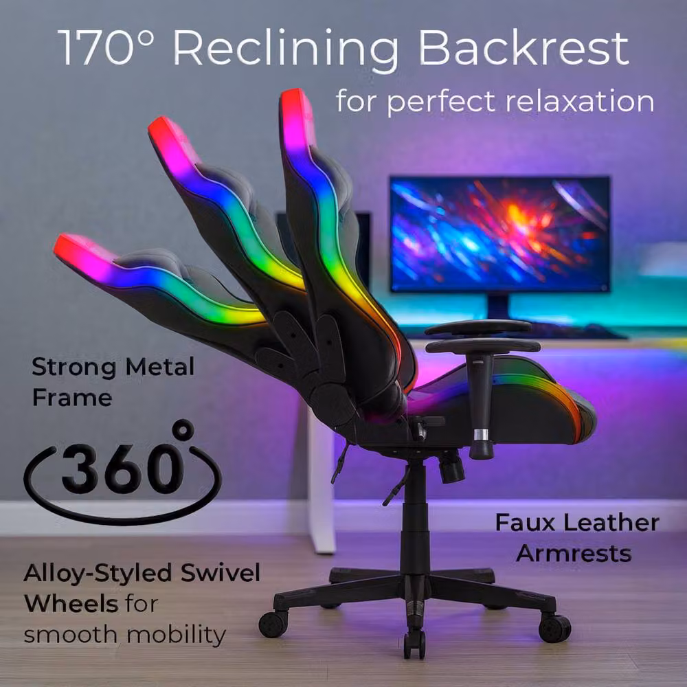 Neo Black Synthetic Leather LED Racing Gaming Chair with Armrests and Headrest – 2