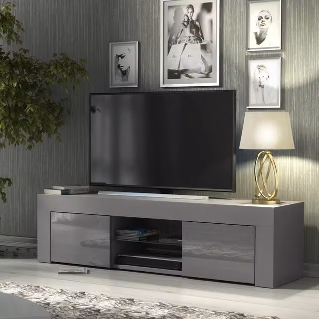 FORGEVIO Modern Grey High Gloss TV Stand Sideboard Cabinet with Media Compartments – 1