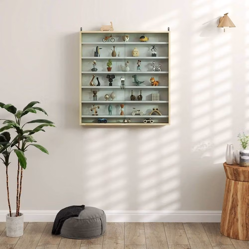 FORGEVIO 7-Tier Wall Mounted Display Cabinet with Glass Doors and Internal Shelves in Natural Brown – 3