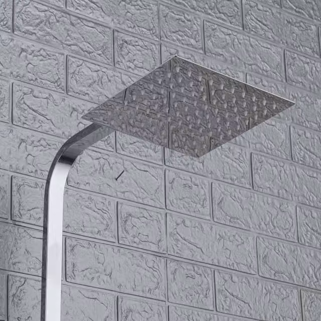 FLAVORA Square Overhead Mixer Tap Chrome Twin Head Shower Kit with Diverter and Rigid Column in Metallic Silver W: 52 cm, H: 1000 cm