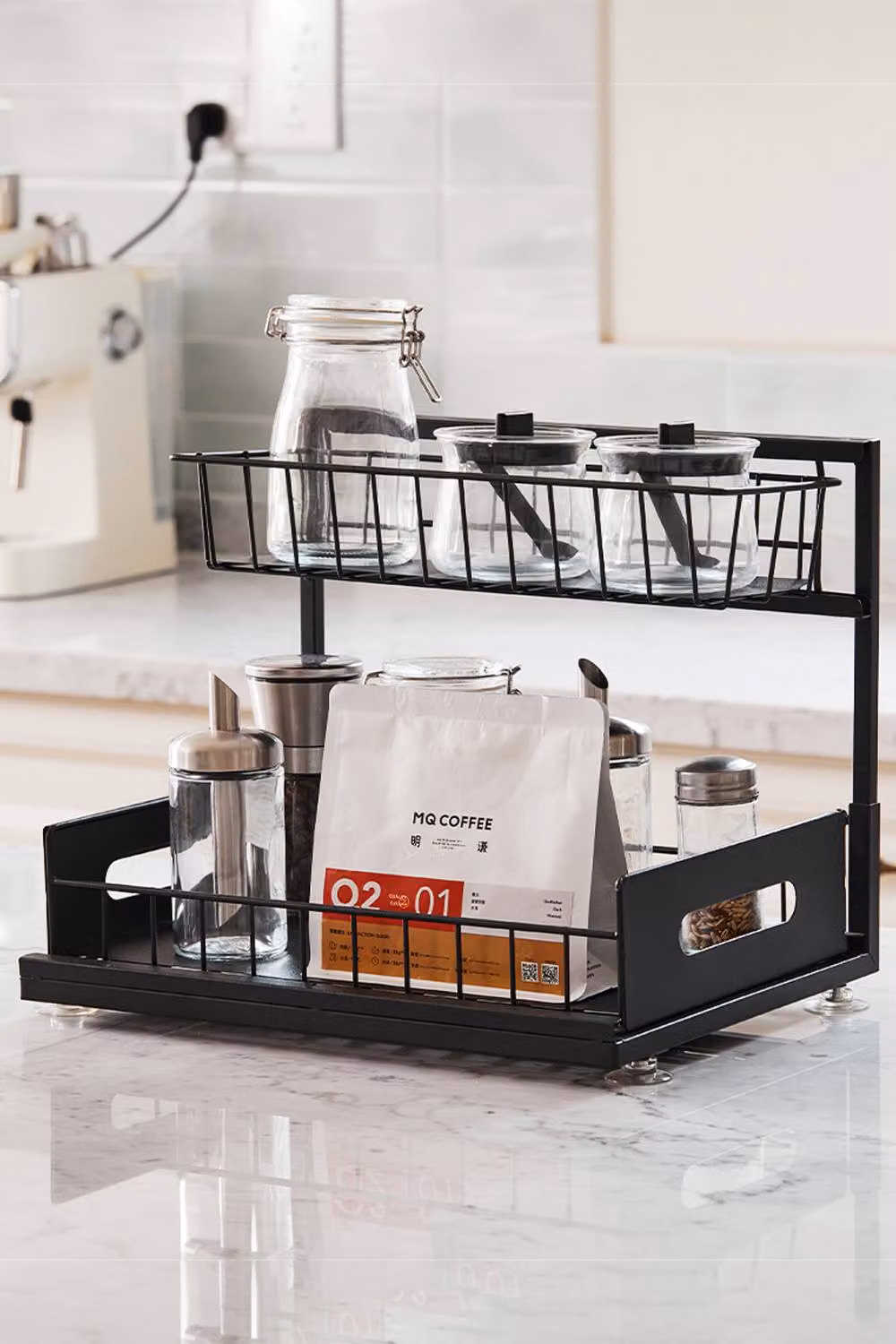 Living and Home 2-Tier Metal Spice Jar Rack Sliding Kitchen Storage Organiser in Black – 2