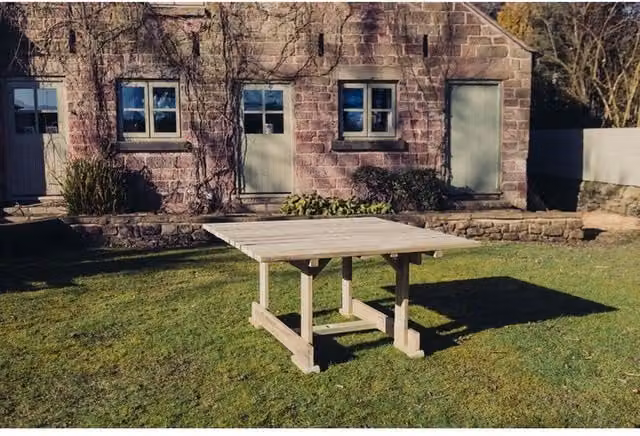 Churnet Valley Garden Furniture Ltd Ergo 8 Seater Square Redwood Wood Garden Table in Brown W/D/H: 149 x 149 x 78 cm