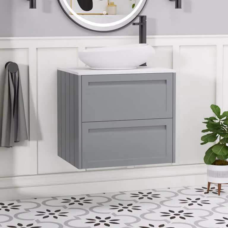 Royal Bathrooms Elmore 600mm Matt Pebble Grey Wall Hung 2 Drawer Vanity Unit with Nova Basin