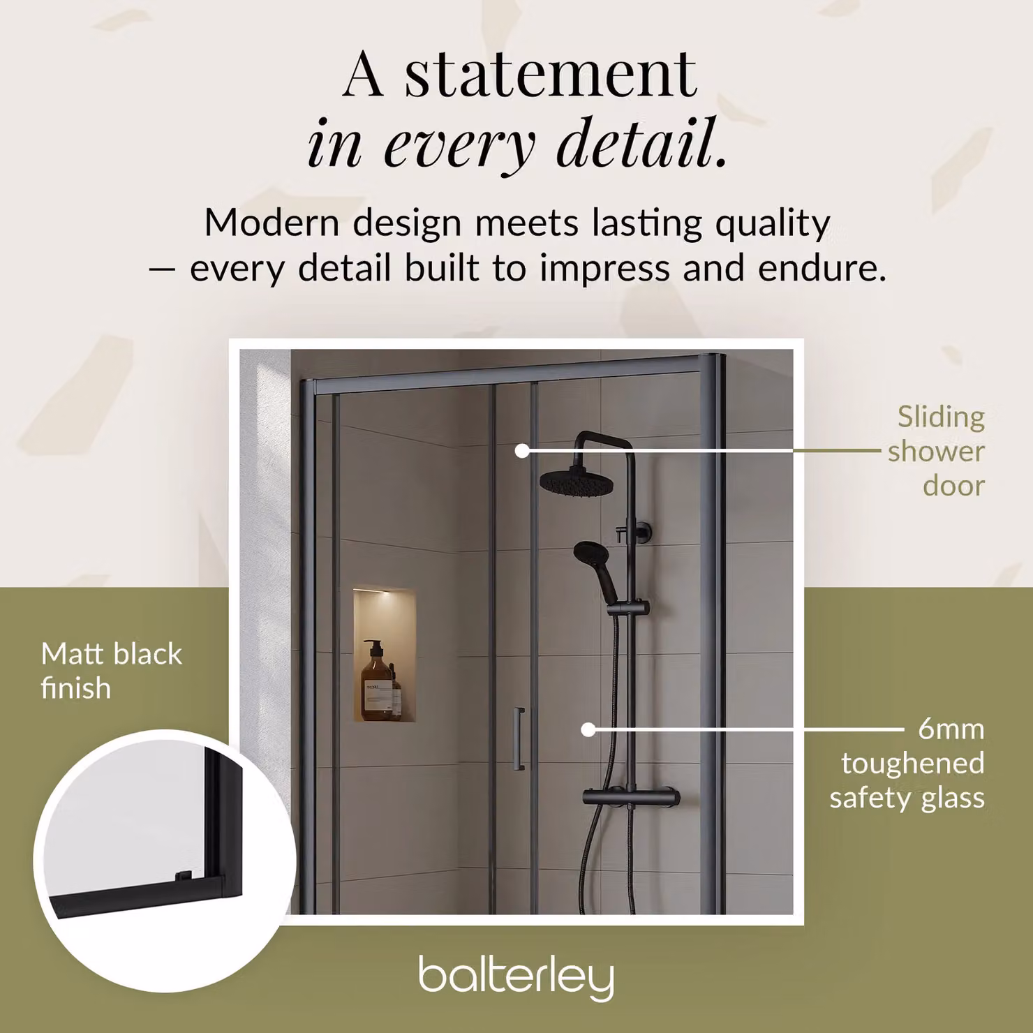 Balterley Ruwa Sliding Shower Suite with Rectangular Tray and 6mm Glass Door Panel, Black, W: 120 cm, D: 90 cm, H: 190 cm – 4