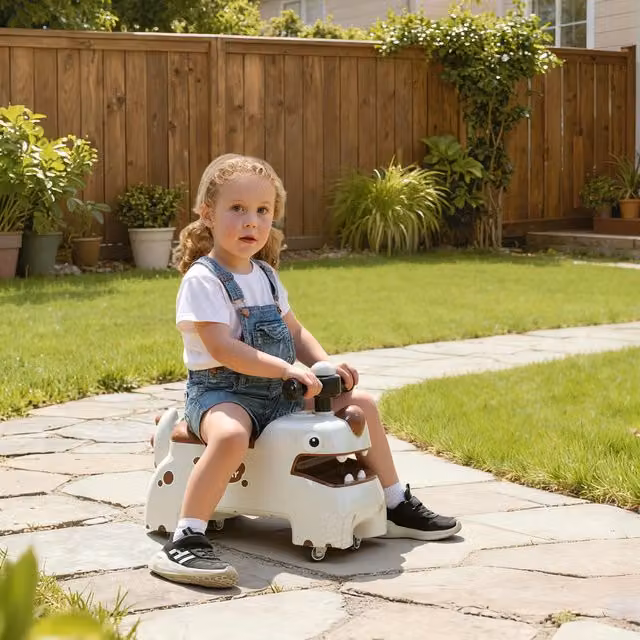 AIYAPLAY Dinosaur Slider Toddler Ride-On Toy with Lights and Music in Cream