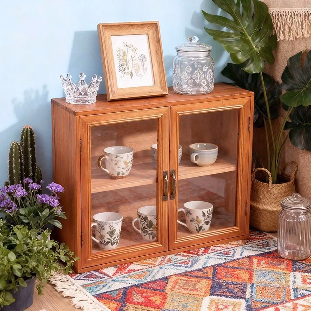 FORGEVIO 2-Door Small Wood Storage Cabinet with Glass Doors in Walnut Brown – 3
