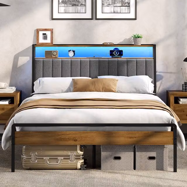 Yaheetech Upholstered Double Bed Frame with LED Lighting, USB Charging Ports and Side Storage Compartments in Caramel Brown and Grey, W/D/H: 140 x 200 cm