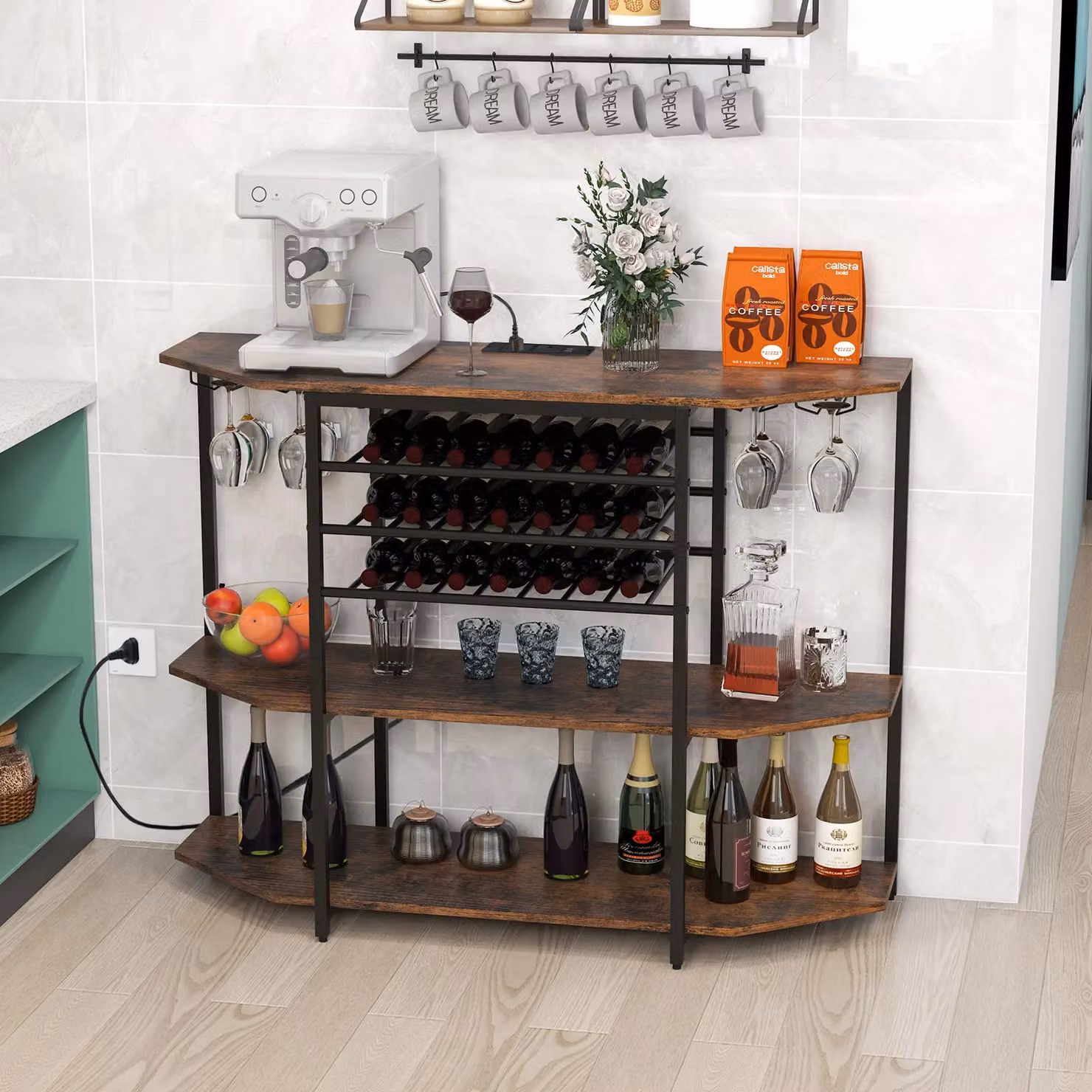 Costway 3 Tier Industrial Wine Bar Cabinet with Storage Shelves and Glass Holder in Brown – 2