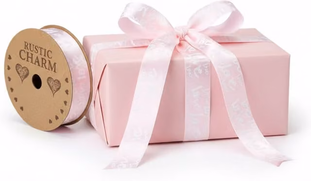 Kingsbury Gifts Pink Script Love Satin Ribbon with Heart Theme, 10m x 2.5cm
