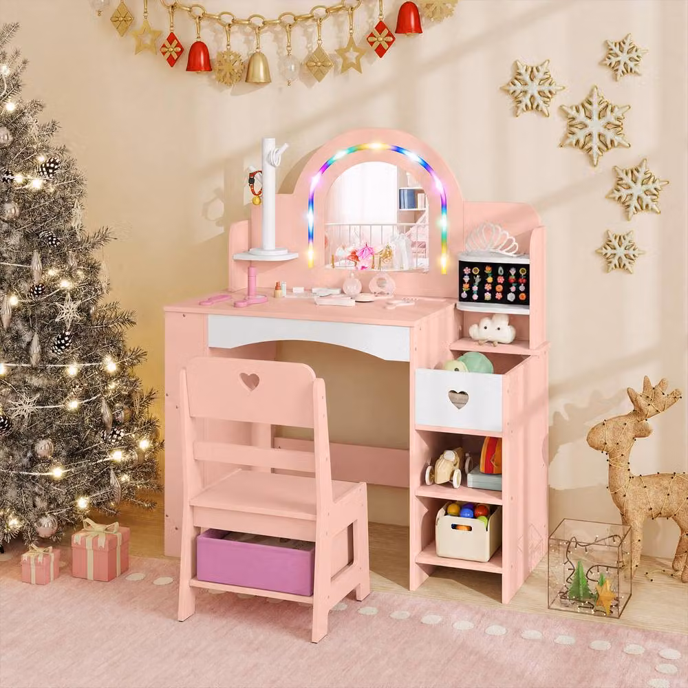 CASART Kids Vanity Desk with LED Hollywood Mirror in Pink – 2