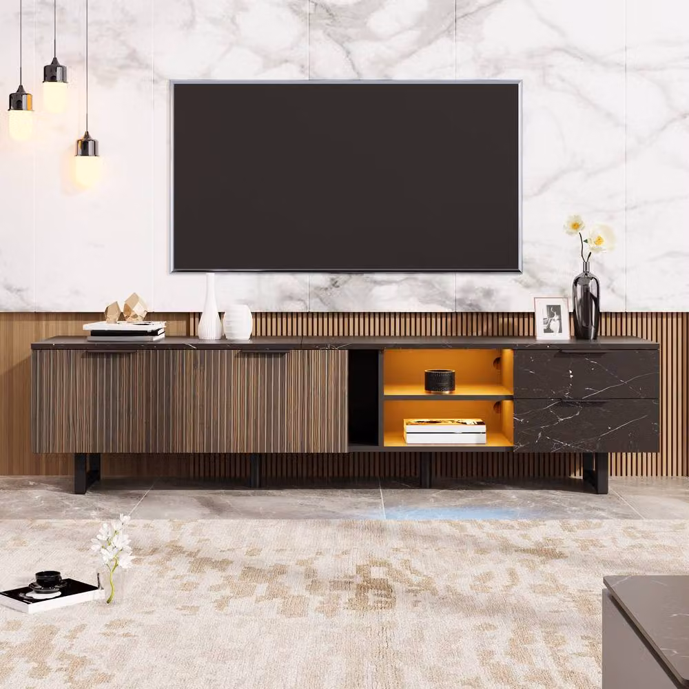 Merax Black Marble Effect TV Cabinet with Dark Wood Grain Doors and LED, W: 200 cm, D: 50 cm, H: 38 cm – 5