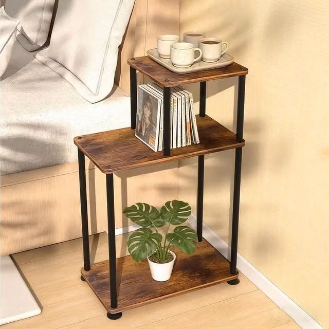 Ventryn 3-Tier Industrial Side Table with Metal Frame in Brown and Black, H: 67 cm x W: 40 cm x D: 3 cm – 1