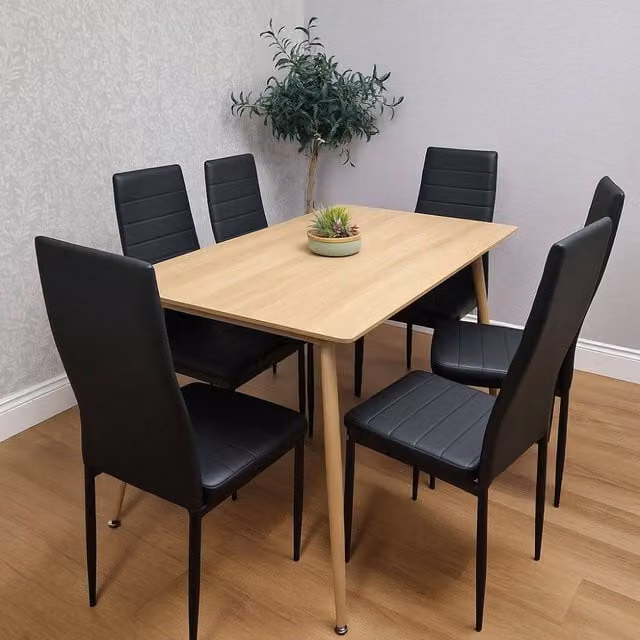 KOSY KOALA Modern Rectangular Dining Table Set with 6 Black Faux Leather Chairs, W/D/H: 120 x 70 x 75 cm – 1