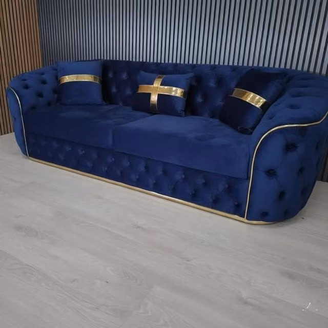Stratus Interiors Ambassador Chesterfield Sofa in Blue Velvet with Gold Trim