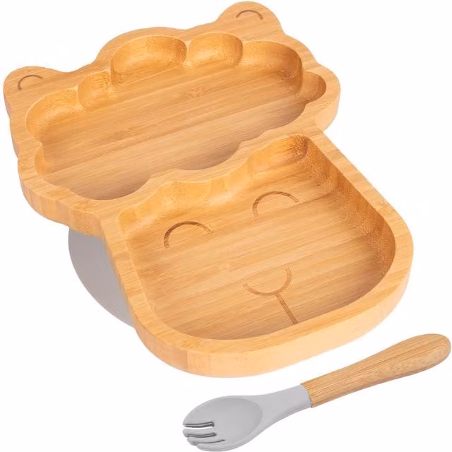 Tiny Dining Bamboo Llama Baby Weaning Plate and Fork Set in Grey