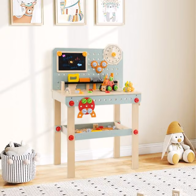 COSTWAY Wood Construction Workshop Tool Bench Toy in Brown and Multicolour