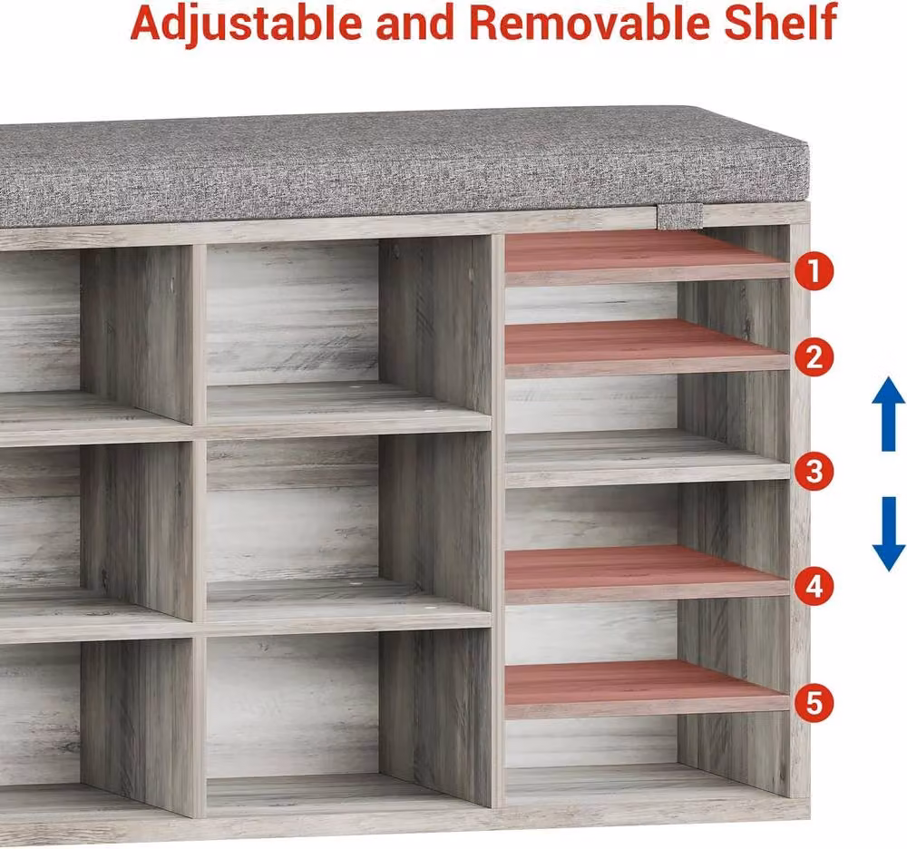 London Boutique Shoe Storage Bench and Rack Organiser with Adjustable Shelf and Padded Grey Fabric Seat – 4