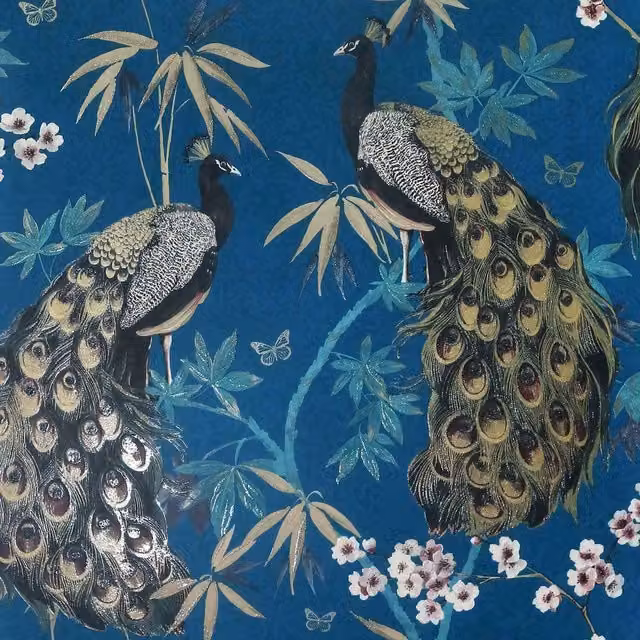 Arthouse Opulent Peacock Floral Textured Wallpaper in Silver and Blue