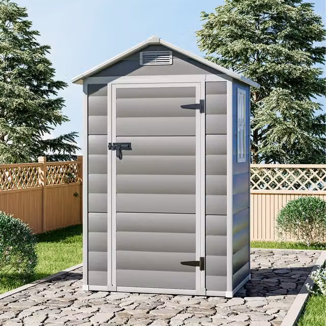 Livingandhome Grey Plastic Garden Shed with Single Door, Window and Gable Roof