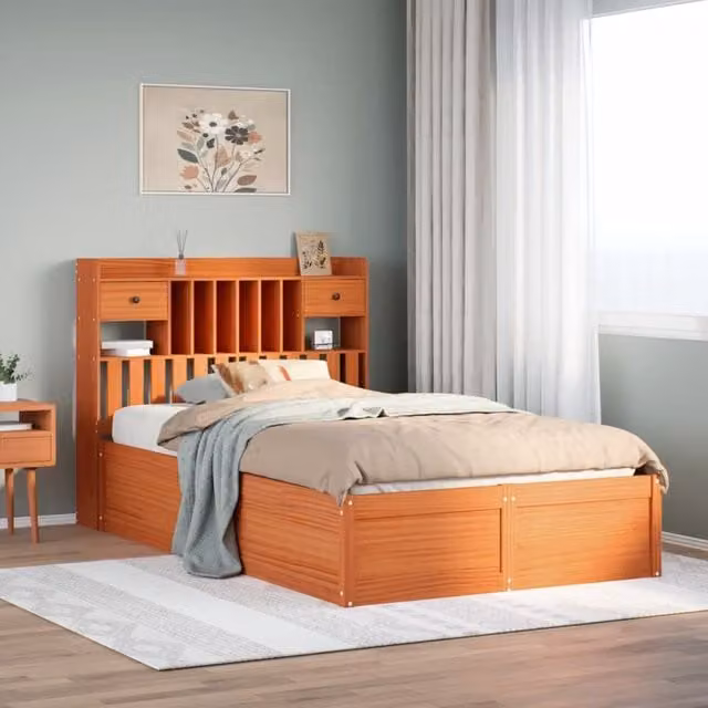 Berkfield Home Waxed Brown Solid Wood Pine Bed Frame W/D/H: 135 x 190 cm