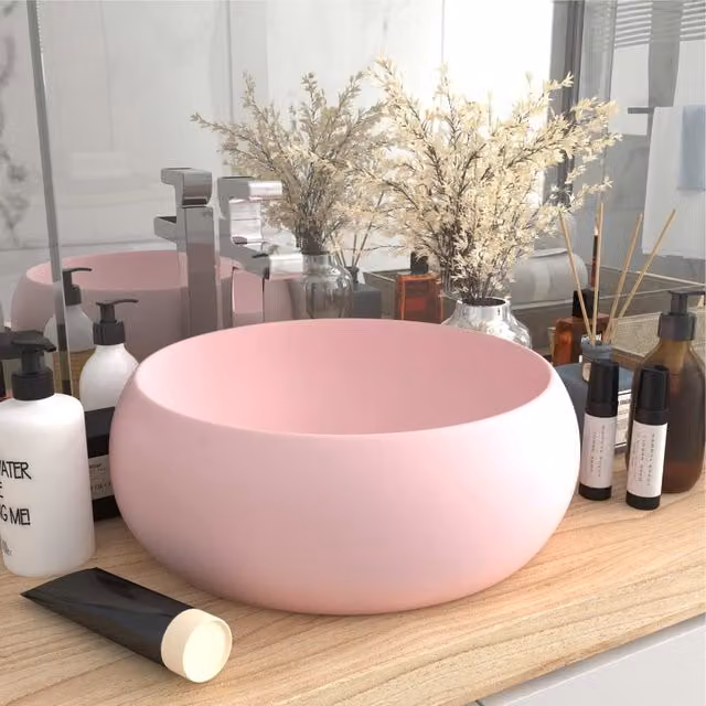 Berkfield Home Luxury Round Ceramic Wash Basin in Matt Pink, W: 40 cm, H: 15 cm, D: 15 cm – 1
