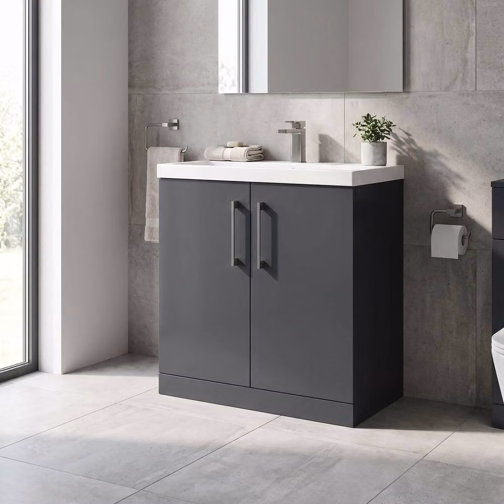 Balterley Contemporary 2-Door Freestanding Bathroom Floor Vanity Unit with Basin, Dark Grey, Width: 80 cm – 2