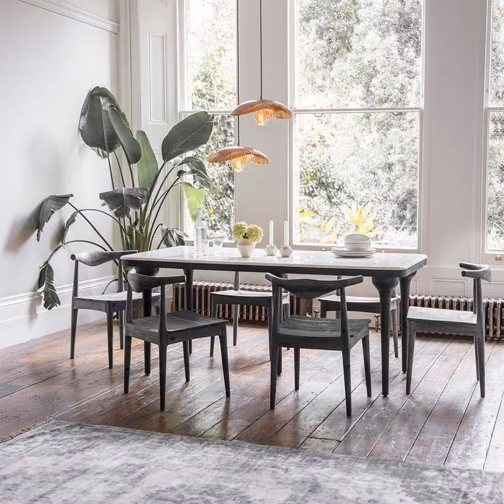 Atkin and Thyme Cone Marble Dining Table and Hiro Dining Chairs Set in Black and White