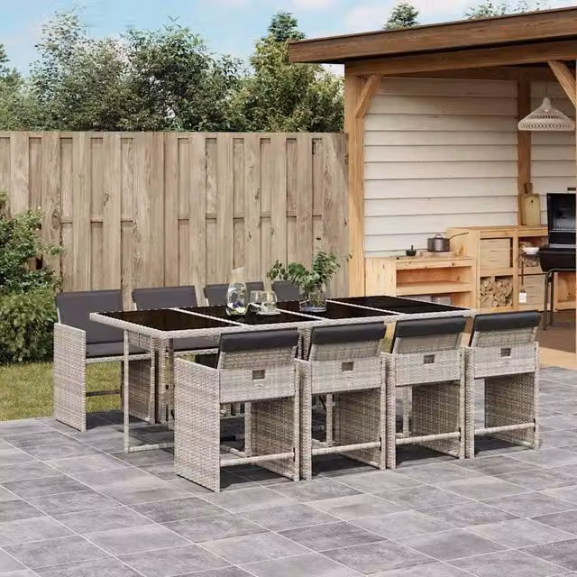 Berkfield Home 9 Piece Grey Poly Rattan Garden Dining Set with Cushions and Glass Tabletop – 1