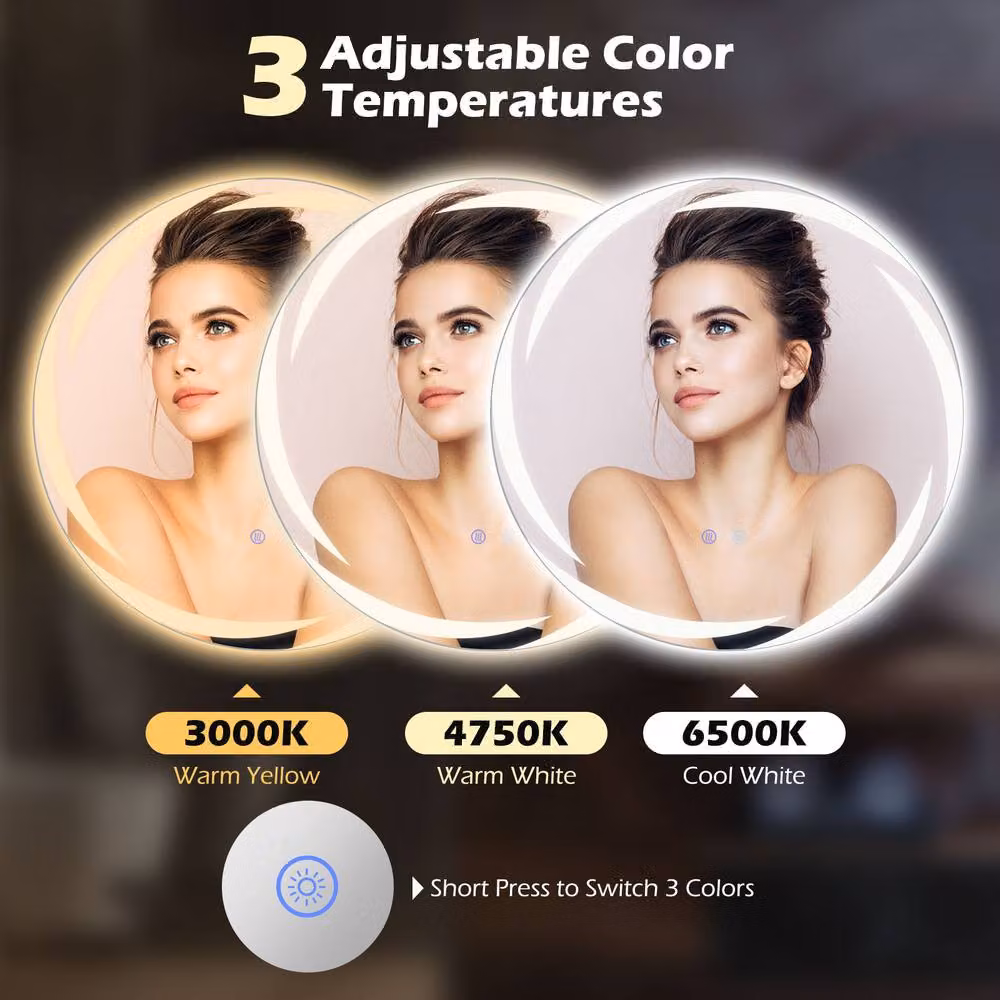 Costway Round LED Bathroom Mirror in White with Dimmable 3-Colour Touch Control – 3