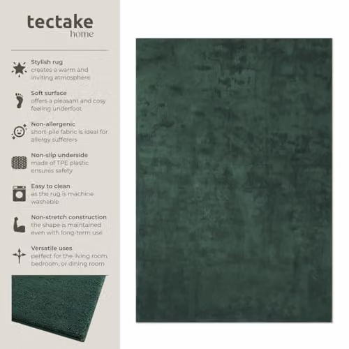 tectake Green Allergy-Friendly Short-Pile Fluffy Rug, Washable and Non-Slip Polyester Carpet, W/D: 200 x 290 cm – 3