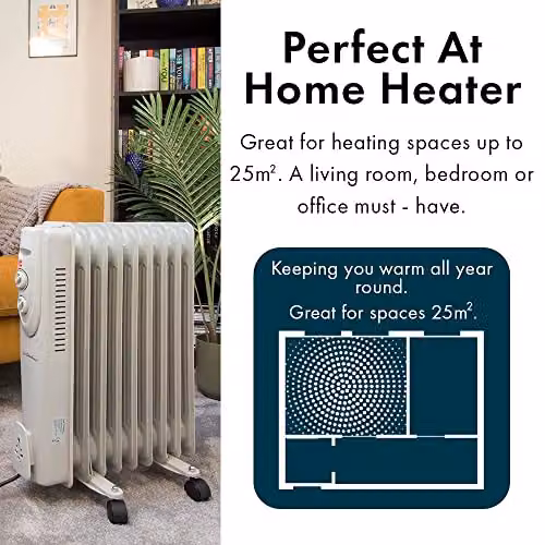 Jack Stonehouse 2000W Oil Filled Radiator, Freestanding Electric Heater with Thermostat and Overheat Protection, White or Grey – 4